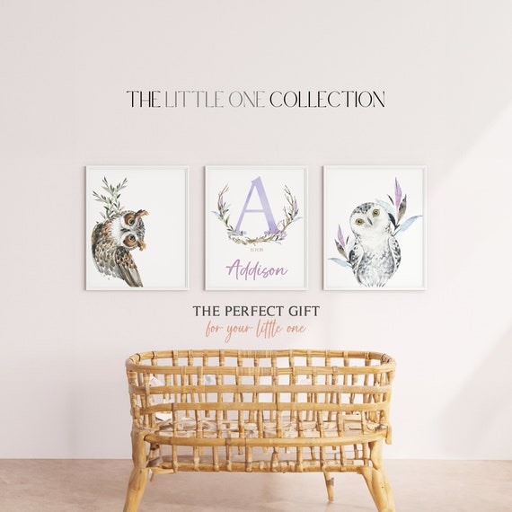 Owl Personalized Prints | Girl Nursery Wall Art Decor | Woodland Animals Set of 3 |Printable Digital Download |Watercolor Baby Animal Prints