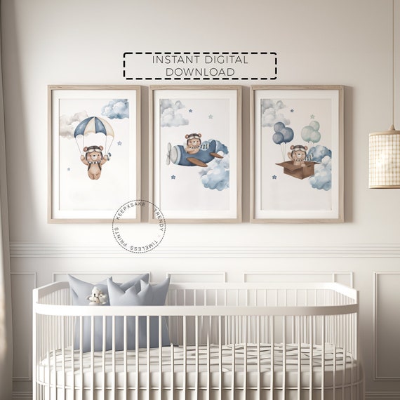 Set of 3 Teddy Bear Nursery Prints | Blue Brown Boy Nursery Decor | New Baby Boy Gift | Bear Balloon Nursery Wall Art | Printable Wall Art