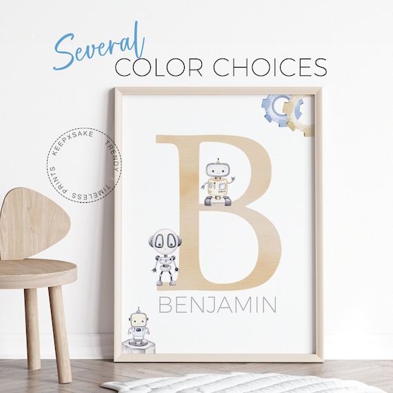 Robot Wall Art | Personalized Robot Nursery | Baby Initial Name Print | Robot Baby Boy Room Decor | Light Blue Nursery Decor | Baby Boy Gift