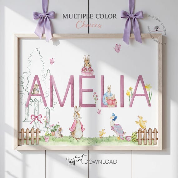 Peter Rabbit Girl Name Print Nursery Wall Art – Personalized Beatrix Style Bunny Baby Room Decor Digital Download