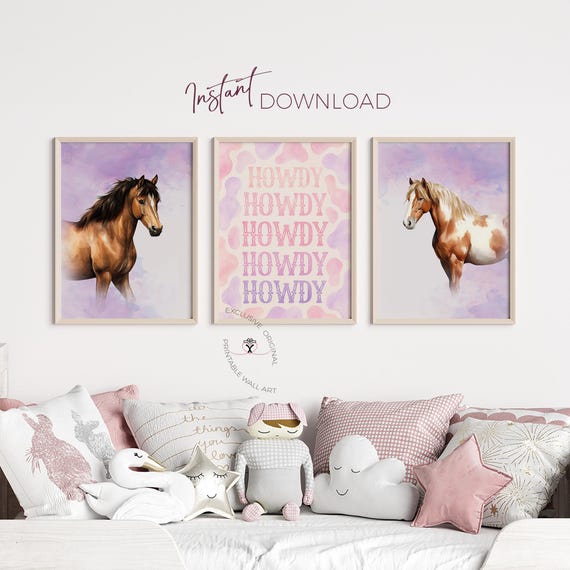 Watercolor Horse Prints (Set of 3): Girl Pink Lavender Bedroom Decor - Howdy Printable Wall Art