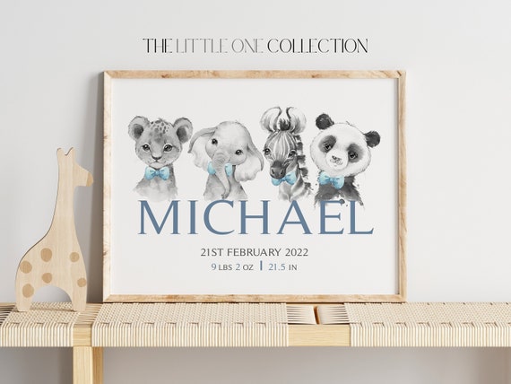 Animal Safari Name Print | Personalized Birth Details | New Baby Gift | Animal Nursery | Jungle Bedroom | Birth Stats Blue, Green, Beige