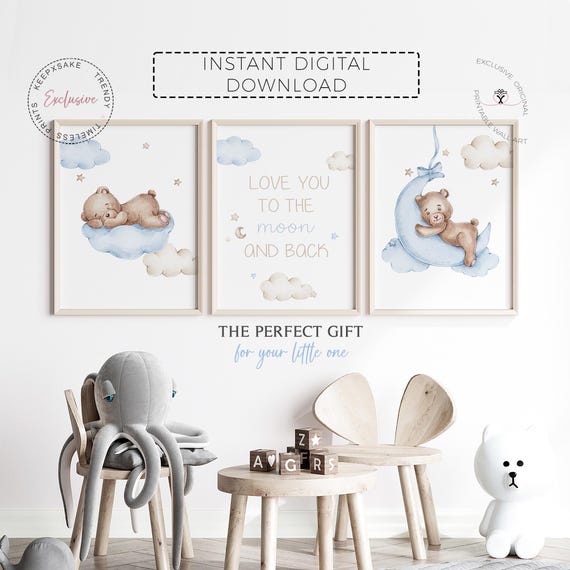 Teddy Bear Prints Set of 3 |Love You To The Moon And Back Quote Panel | Baby Boy Teddy Decor | Light Blue Nursery Posters | Moon Stars Decor