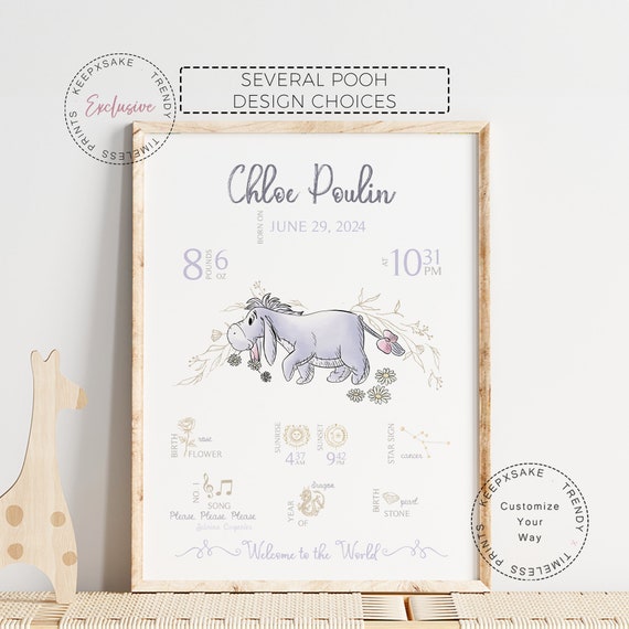 New Baby Gift | Eeyore Birth Details Print | Pooh Baby Print Personalized |Christening Gift | The Day I Was Born Wall Art |Birth Stats Print
