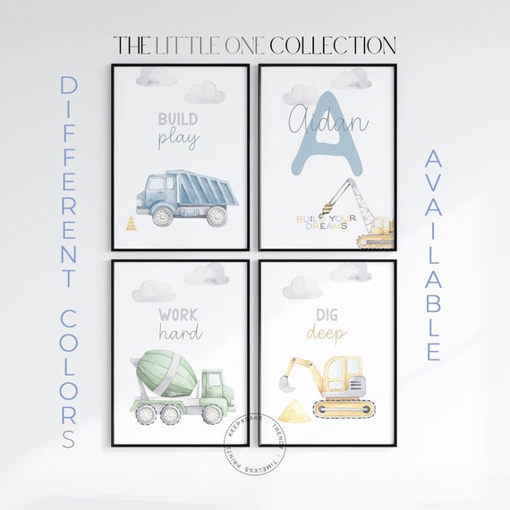 Construction Vehicles Boys Room Prints | Vehicle Nursery Art | Boys Positive Prints |Construction Trucks Decor | Boys Bedroom Tractors Decor