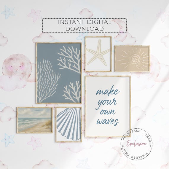 Make Waves Starfish Gallery Set of 6 | Blue Beige Girl Nursery Decor | Ocean Child Girl Room | Seashell Wall Art |Coastal Theme Teen Bedroom