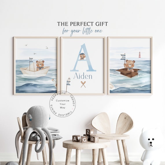 Set of 3 Nautical Nursery Prints | Sailor Teddy Bear Decor |Personalized Baby Boy Ocean Nursery Wall Art | Baby Blue Nursery |Boat Wall Art
