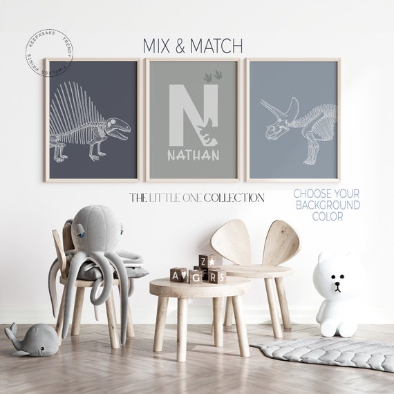 Set of 3 Dinosaur Prints, Custom | T Rex Print | Boys Bedroom Dinosaur Decor, Personalized |Blue Dinosaur Wall Art |TRex - Triceratops Print