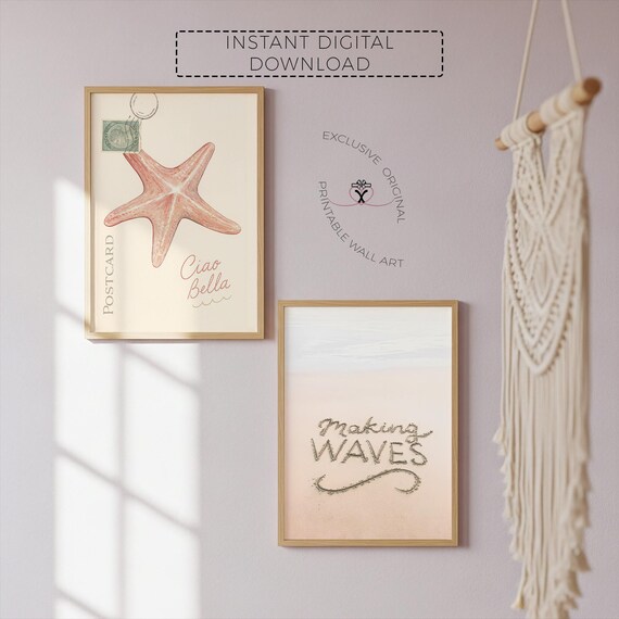 Beach Wall Art Set, Coastal Printable Decor — Starfish and Sand Quote Prints “Ciao Bella” & “Making Waves” Digital Download