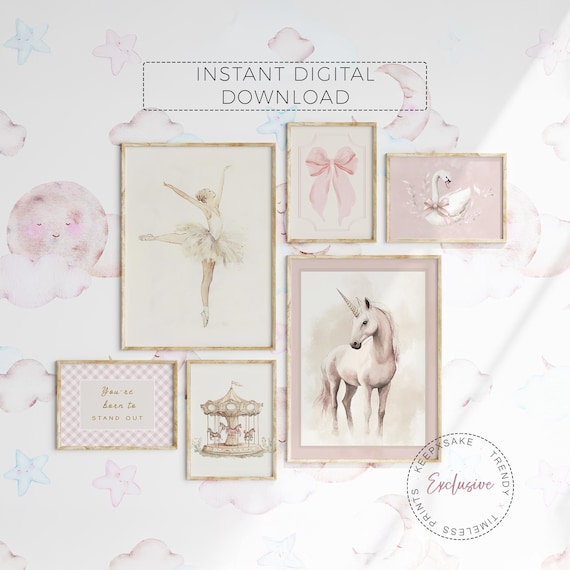 Vintage Girl Nursery Gallery Wall Set | Blush Pink Decor | Ballerina Pink Bow Nursery Print | Swan Gallery Art | Unicorn Nursery Baby Gift