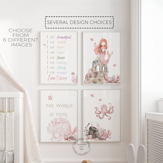 Mermaid Wall Art | Girl Affirmation Print | Under the Sea Decor | Mermaid, Sea Turtle, Seahorse Girl Posters | Toddler Girl Dusty Pink Decor