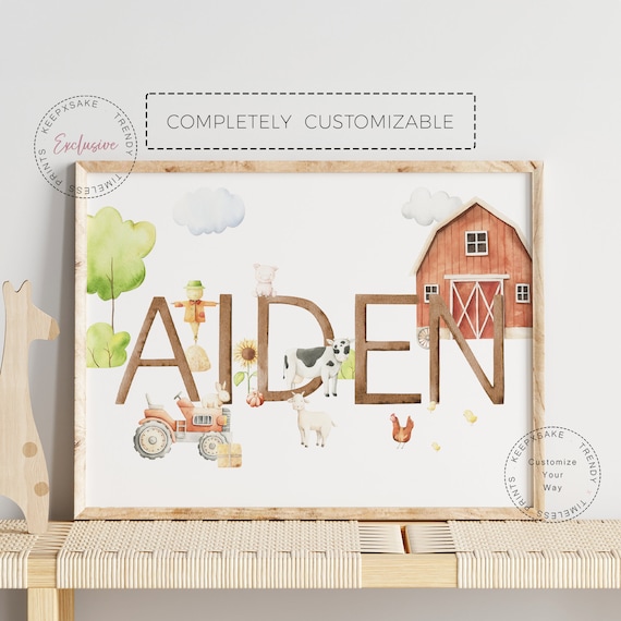 Farmyard Name Print | Baby Nursery Decor | Baby Name Animal Wall Art | Farm Nursery Farm Animals Cow Tractor | Baby Shower Personalized Gift