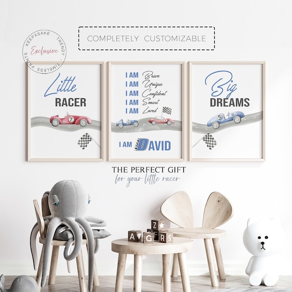 Racing Car Affirmations Prints | Boys Bedroom Custom Racing Decor | Blue Race Car Nursery Prints |Watercolour Vintage Blue |Boy Affirmations