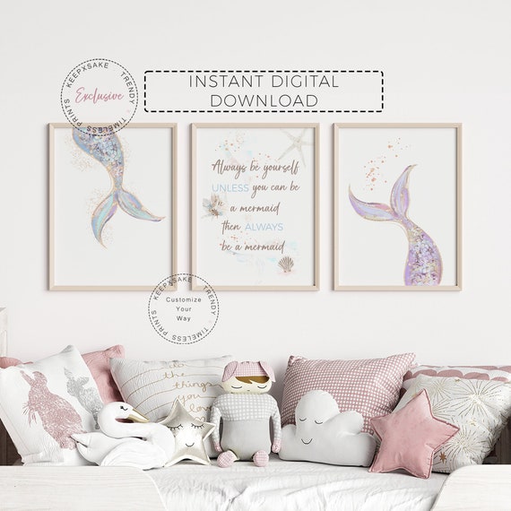 Mermaid Prints, Set of 3 |Quote Wall Art | Mermaid Nursery Prints | Under The Sea Kids Room | Girl Room Purple Decor | Printable Girl Art