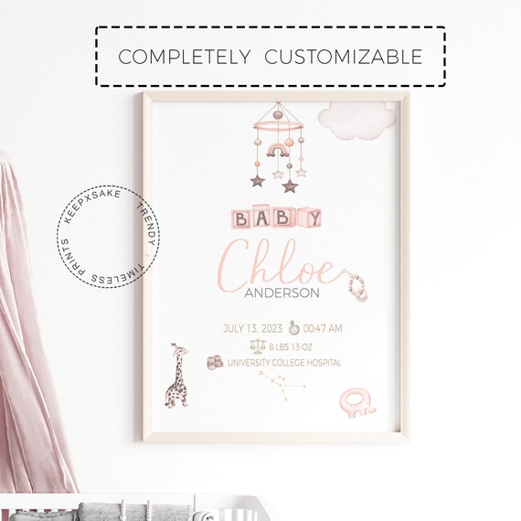 New Baby Girl Birth Print Gift | Boho Giraffe Elephant Name Print | Personalized Baby Girl Birth Stats Print | Blush Pink Nursery Decor