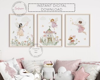 Stampe per cameretta con fatine acquerellate: decorazione per camera da letto con bambina con fiori selvatici (download digitale)