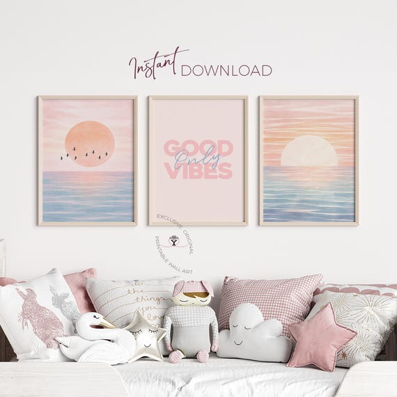 Good Vibes Only Wall Art Teen Girl Room Decor, Pink Beach Sunset Prints, Aesthetic Quote Poster Set, Coastal Tween Bedroom Printable Art