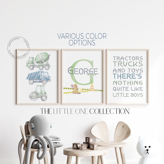 Construction Vehicle Prints, Set of 3 | Boy Nursery Wall Personalized Decor | Blue Nursery Decor |Boys Truck Quote Print |Toddler Room Decor