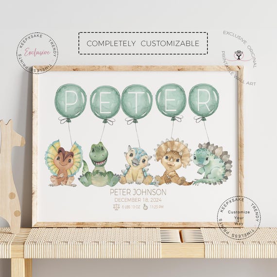 Dinosaurs Balloon Personalized Name Print | Dino Nursery Birth Sign | Baby Boy Birth Stats Art | New Baby Gift |Sage Green Tan Nursery Decor