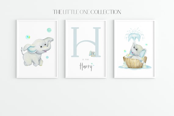 Set of 3 Baby Elephant Prints | Personalized New Baby Prints| Boys Bedroom Decor | Baby Boys Personalized Nursery Prints |Elephant Nursery