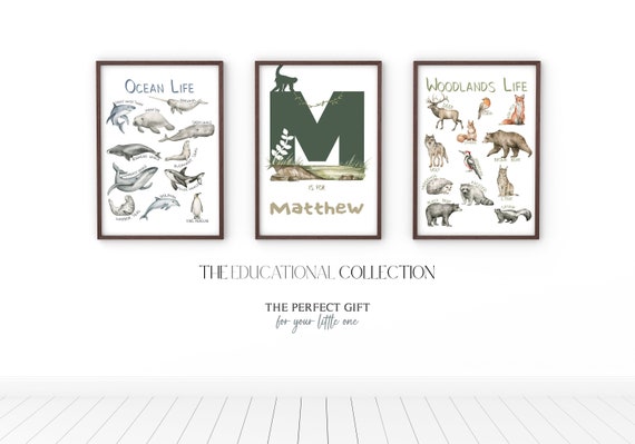 Set of 3 Animal Prints | Educational Posters | Initial Name Print | Animal Playroom Prints | Learning Home School Prints |Neutral Kids Decor