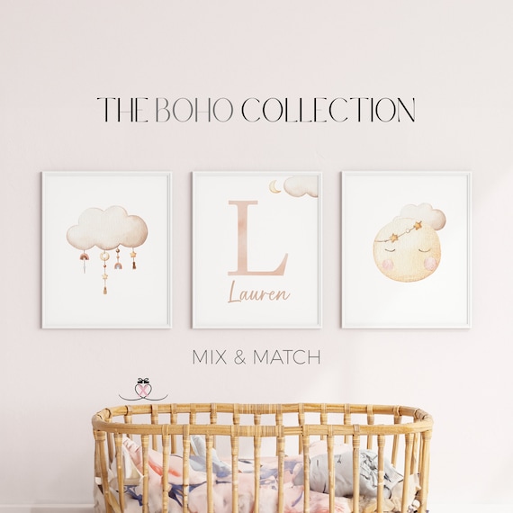 Moon Stars Cloud Nursery Wall Art, Set of 3 |Rainbow Prints. Personalized |Girl Bedroom Prints |Blush Pink Nursery Decor |New Baby Girl Gift