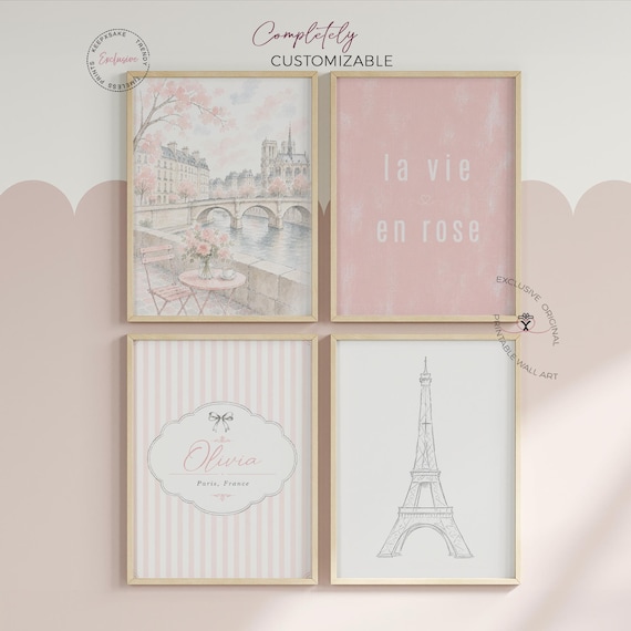 Personalized Paris Wall Art Set of 4 | Pink French Girl Nursery Prints | Custom Name Decor | Eiffel Tower Quote Decor