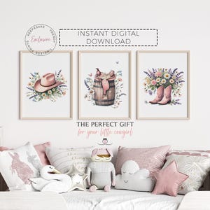 Cowgirl Nursery Prints | Pink Western Nursery Wall Art | Country Girl Boots Saddle Floral Decor | Wild West Rodeo Horse Printable Wall Art