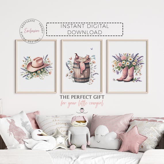 Cowgirl Nursery Prints | Pink Western Nursery Wall Art | Country Girl Boots Saddle Floral Decor | Wild West Rodeo Horse Printable Wall Art
