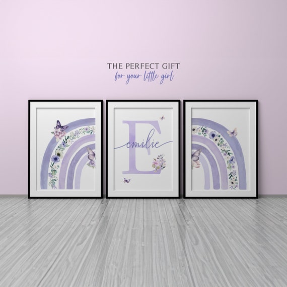 Rainbow Butterfly Prints Set of 3 | Floral Nursery Wall Art | Teen Rainbow Bedroom Wall Art | Purple Nursery Decor | Girl Name Initial Print