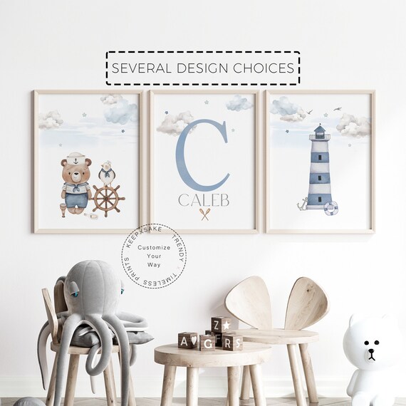 Set of 3 Nautical Teddy Bear Nursery Prints |Baby Boy Blue Brown Wall Decor Nautical Printable Wall Art |Personalized Teddy Cloud Star Print