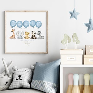 May include: A framed print featuring watercolor illustrations of a giraffe, elephant, lion cub, panda, and zebra. The word "DAVID" is written in blue letters on balloons. Below the animals is the text "DAVID MARTIN SMITH".