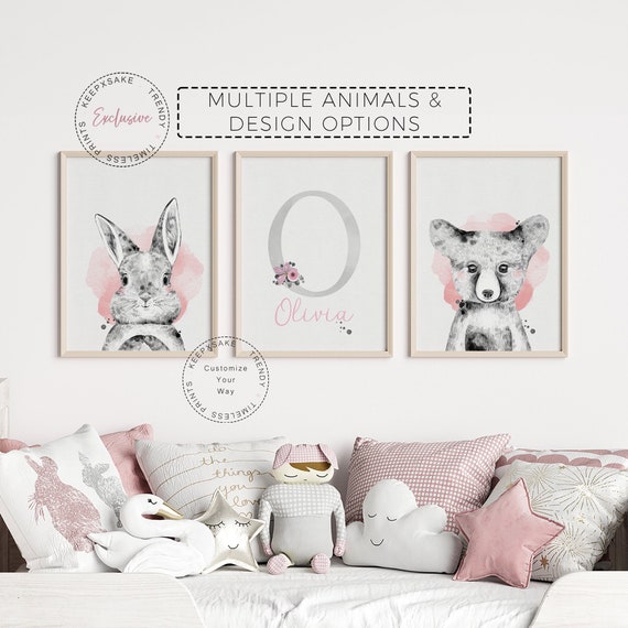 Illustrated Animals Black and White Wall Art | Woodland Animals Minimal Prints | Custom Forest Nursery Decor | Cute Animals Baby Girl Gift