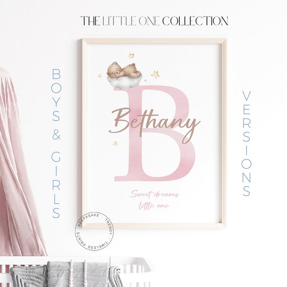 Teddy Bear Monogram Print | Sleeping Teddy Cloud Print | Baby Name Print | Teddy Bear Nursery Wall Art | Blush Pink Nursery | New Baby Gift