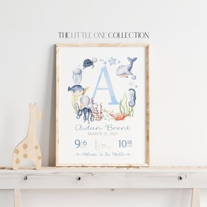 Impresión de estadísticas de nacimiento / Impresión del nombre del bebé / Decoración de habitación infantil azul y gris / Decoración de habitación infantil con vida marina / Regalo personalizado para niños / Regalo para recién nacidos