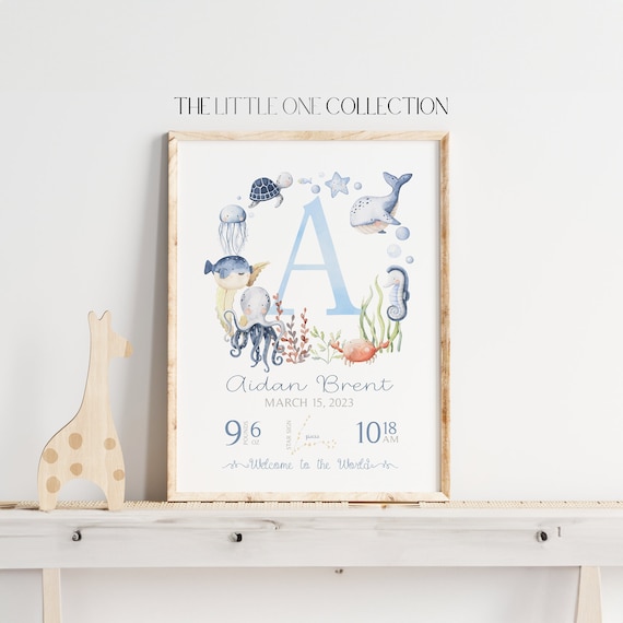 Birth Stats Print | Baby Boy Name Print | Blue Grey Nursery Decor | Sea Life Nursery Decor | Personalized Gift for Boys | New Baby Boy Gift