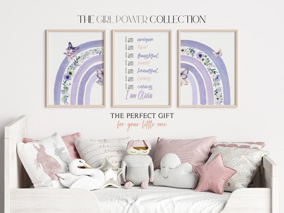Watercolour Rainbow Positive Affirmation |Girls Rainbow Wall Art Set of 3| Butterfly Bedroom Affirmation Prints |Purple Teen Girl Room Decor