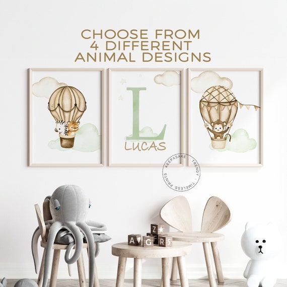 Hot Air Balloon Safari Animals Wall Art | Baby Boy Prints | Gender Neutral Nursery Wall Decor | Safari Boys Nursery Decor |Transport Nursery