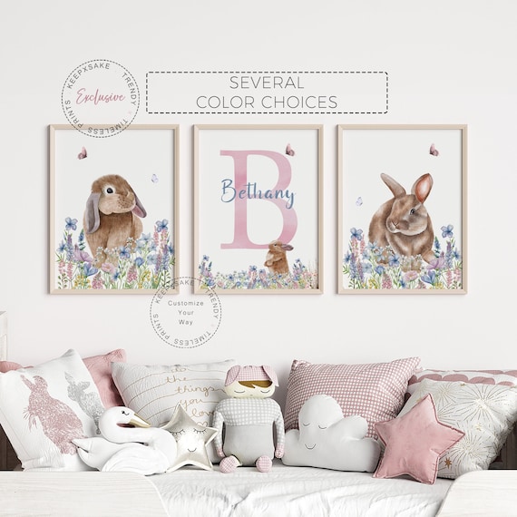 Floral Bunny Prints | Girls Rabbit Prints | Wildflower Nursery Decor | Personalized Bunny Prints | Dusky Pink Purple Floral Bedroom Decor