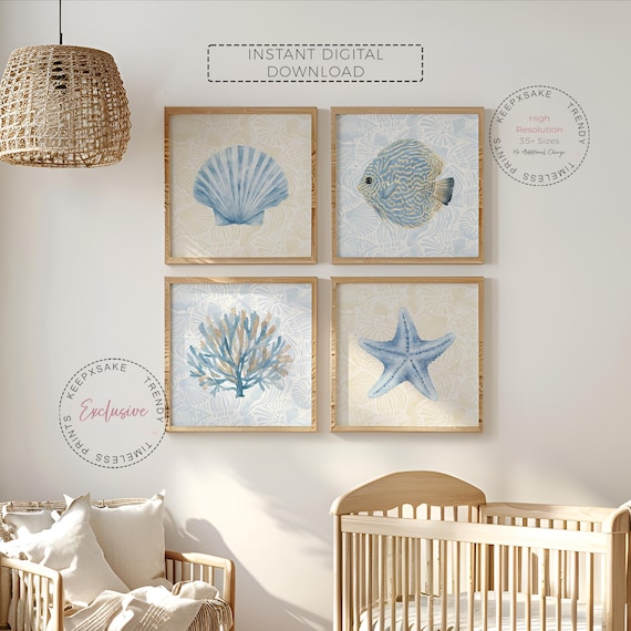 Coastal Nursery Wall Art Set of 4 | Blue Beige Ocean Prints | Watercolor Sea Shells Decor | Neutral Beach Printable Art