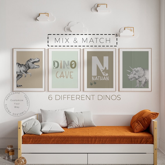 Set of 4 Dinosaur Prints, Personalized |Boys Bedroom Dinosaur Wall Art | Green Brown Tones Wall Art| Dinosaur Printables |Toddler Room Decor