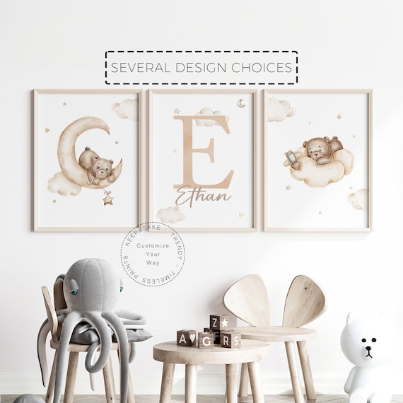 Set of 3 Boho Teddy Bear Print | Name Initial Print |Bear Nursery Decor | Baby Boy Print |Brown Nursery Poster | Moon Airplane Nursery Decor