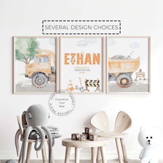 Construction Vehicles Set of 3 Prints | Boy Trucks Wall Art | Custom Boy Gift | Construction Transport Prints  | Playroom Construction Decor
