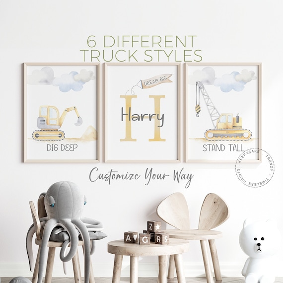 Construction Vehicle Prints, Personalized | Trucks Wall Art | Toddler Construction Decor | Fire Truck, Mixer Truck, Crane Boys Room Prints