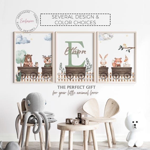 Set of 3 Train Woodland Animals Prints |Choo Choo Train Nursery Blue Grey Brown Decor |Personalized Baby Boy Name Print |Bear Fox Rabbit Art