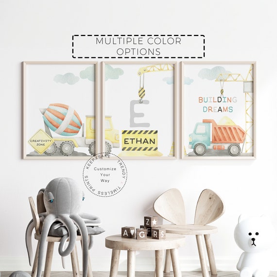 Watercolour Construction Trucks Prints | Personalized Transport Nursery Print | Toddler Boy Construction Decor |Boy Room Dump Truck Wall Art