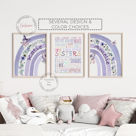 Sisters Room Wall Decor Set of 3 | Rainbow Prints | Siblings Prints |Personalized Print |Shared Room Poster |Sister Quote |Purple Room Decor