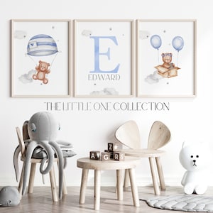Conjunto de 3 estampados de oso de peluche / decoración de vivero de oso personalizado / estampados de bebé niño / cartel de vivero azul claro / decoración de pared de vivero de globos