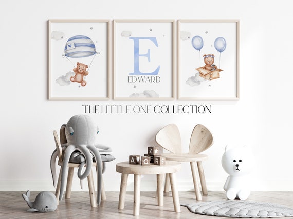 Set of 3 Teddy Bear Prints | Personalized Bear Nursery Decor | Baby Boy Prints | Light Blue Nursery Poster | Balloon Nursery Wall Decor
