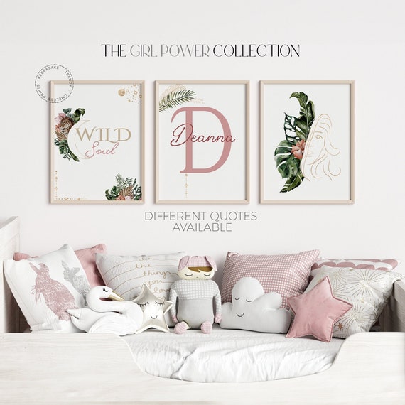 Trendy Girls Bedroom Prints | Teen Girl Wild Soul Decor | Jungle Line Wall Art | Half Face Line Art Print | Name Initial Print | Girl Power